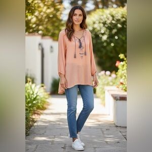 Andie Coral Tunic with Navy Embroidery